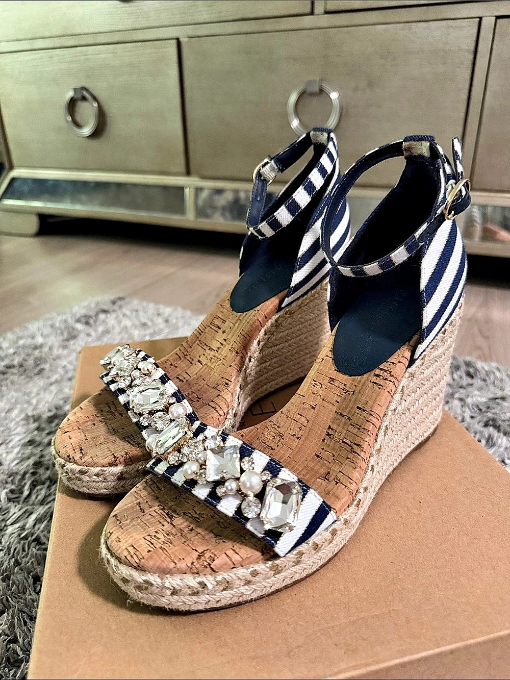 KARL LAGERFELD PARIS EMBELLISHED ESPADRILLE WEDGE SANDAL